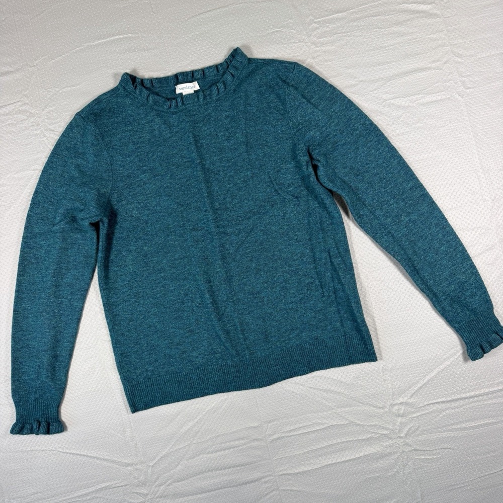 Sundance Wool Cashmere Blend Teal Ruffle Neckline Sleeve Knit Sweater Medium